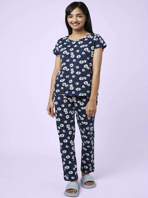 yu by pantaloons navy cotton floral print top pyjama set