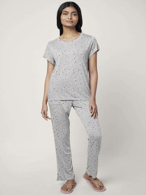 dreamz by pantaloons grey cotton printed top pyjama set