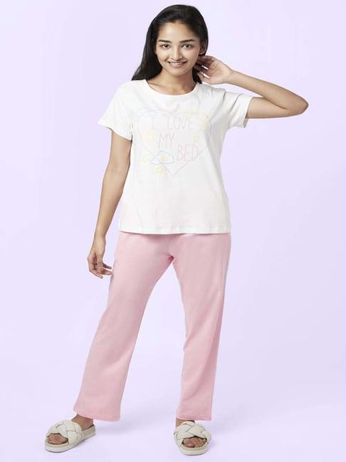 yu by pantaloons white pink cotton graphic print top pyjama set