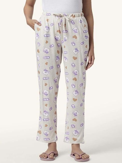 dreamz by pantaloons beige purple cotton printed pyjamas