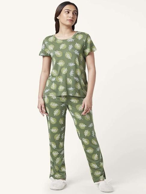 dreamz by pantaloons olive green printed top pyjama set