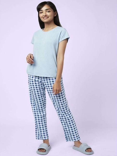 yu by pantaloons blue cotton chequered top pyjama set