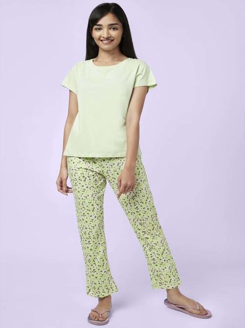 yu by pantaloons green cotton floral print top pyjama set