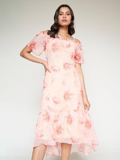 and peach floral midi dress