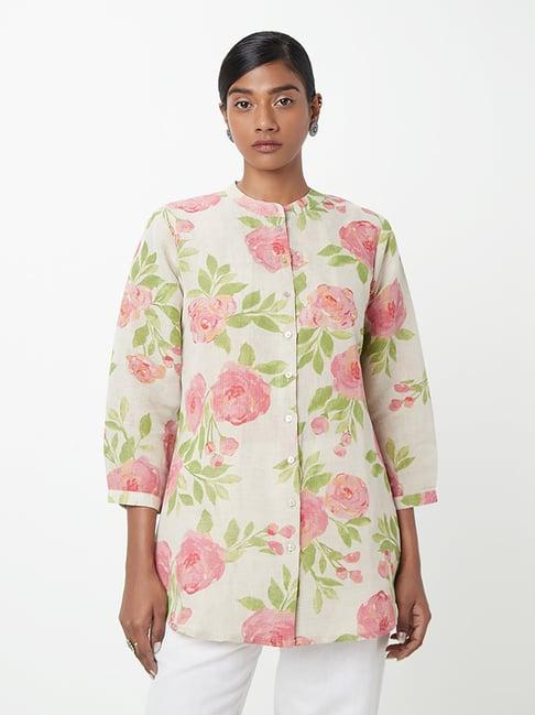 zuba by westside beige floral-printed ethnic top