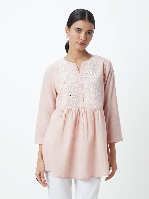 utsa by westside light peach embroidered straight kurti