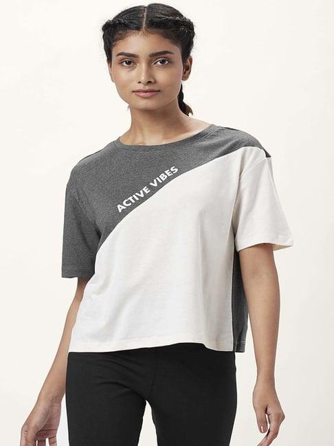 ajile by pantaloons grey & cream cotton color-block sports top