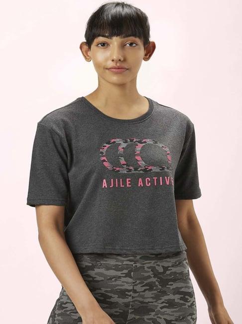 ajile by pantaloons charcoal grey cotton graphic print sports top