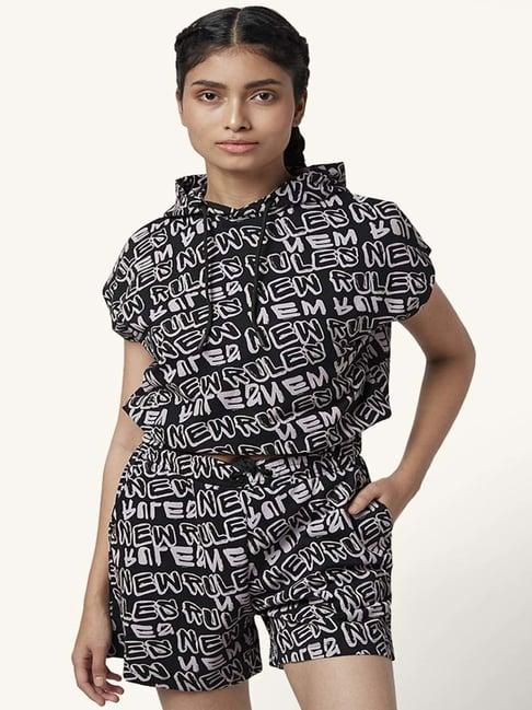 ajile by pantaloons black cotton graphic print top