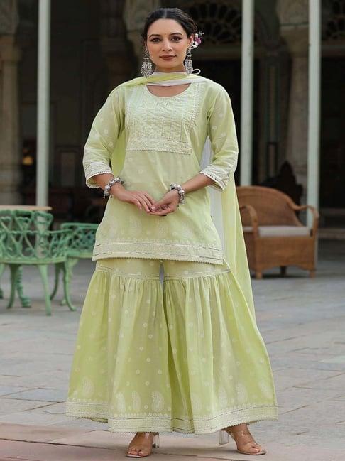 juniper limegreen printed kurti sharara set with dupatta