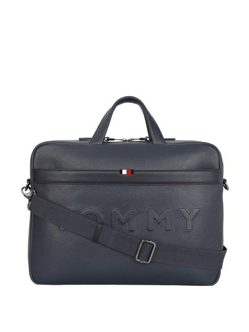 tommy hilfiger navy leather large laptop messenger bag