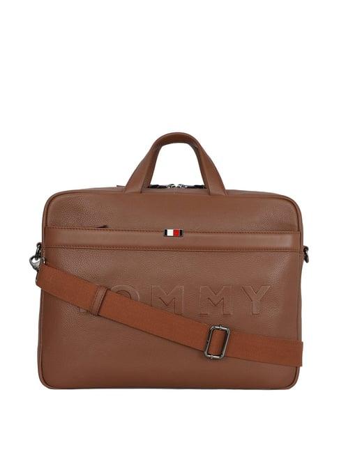 tommy hilfiger tan leather large laptop messenger bag