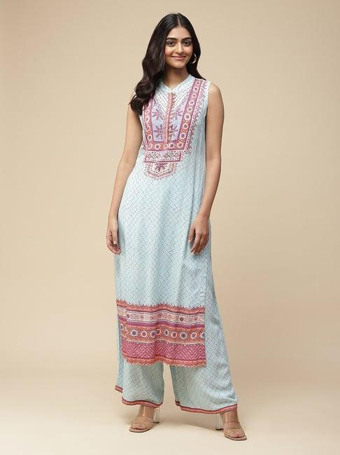 aarke ritu kumar blue printed kurta & palazzo set