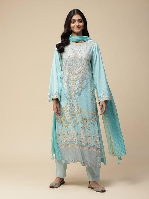 aarke ritu kumar blue printed kurta with pant & dupatta