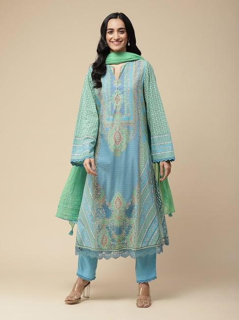 aarke ritu kumar blue & green floral kurta with pant & dupatta