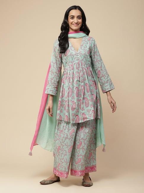 aarke ritu kumar mint green printed kurta with sharara & dupatta