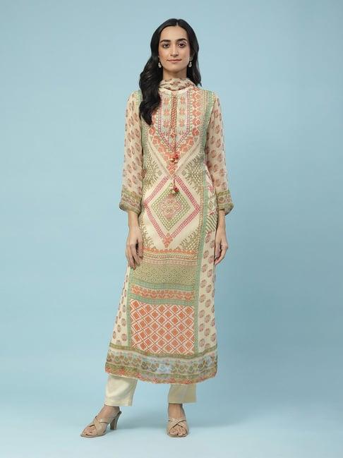 aarke ritu kumar beige printed kurta with pant & dupatta