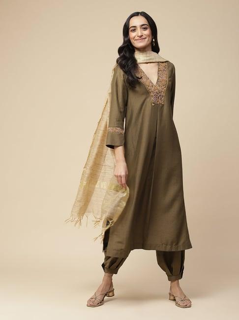 aarke ritu kumar olive embroidered kurta with pant & dupatta