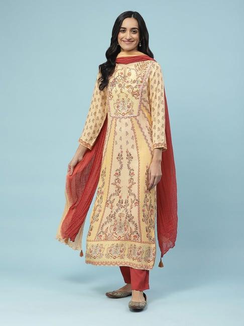 aarke ritu kumar yellow printed kurta with pant & dupatta