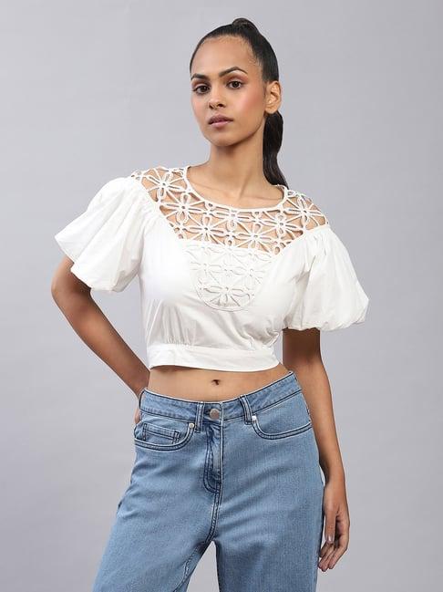 label ritu kumar white embroidered crop top with camisole