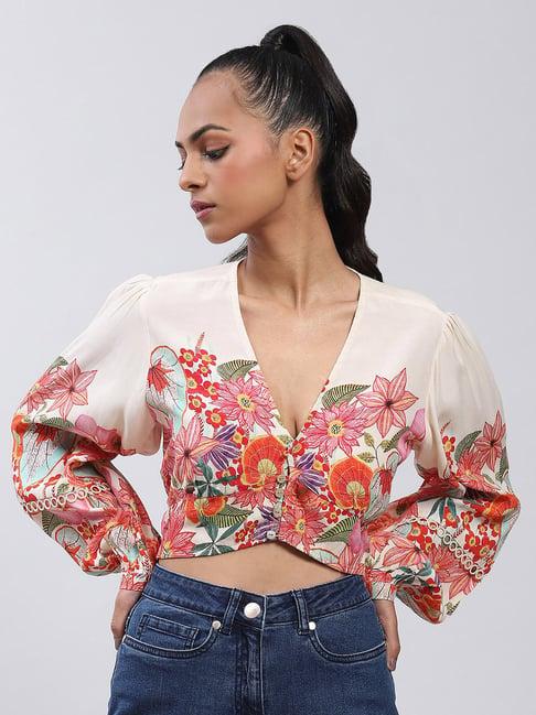 label ritu kumar off white floral print crop top