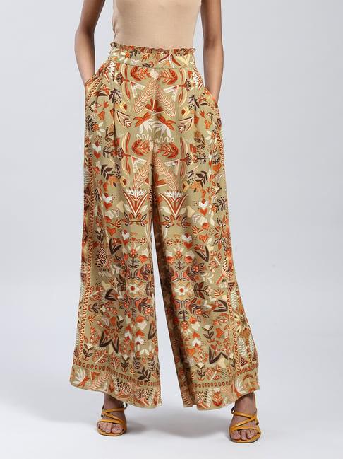 label ritu kumar khaki floral relaxed fit mid rise palazzos