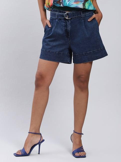 label ritu kumar dark blue denim shorts