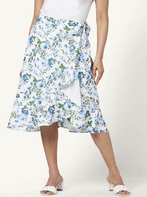 honey by pantaloons white & blue floral print wrap skirt