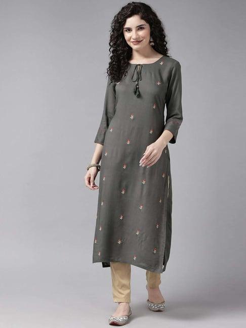 cayman grey cotton embroidered straight kurta