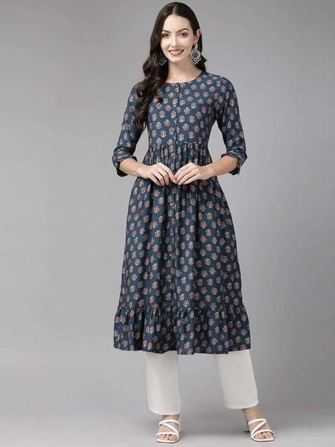 cayman navy cotton floral print a line kurta