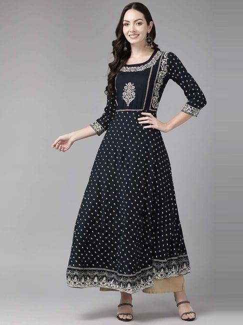 cayman navy cotton floral print anarkali kurta