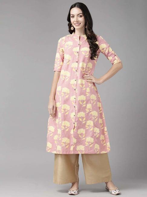 cayman pink cotton floral print a line kurta