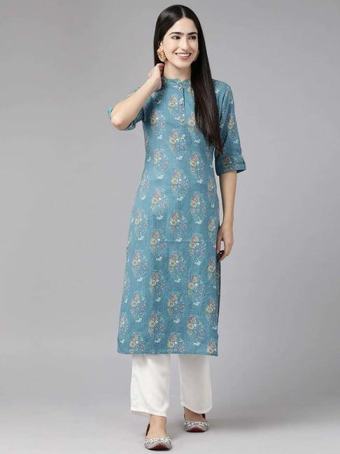 cayman blue cotton floral print straight kurta