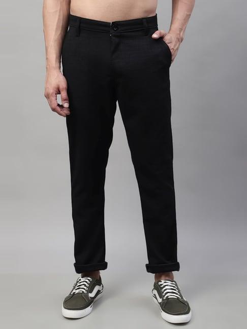 jainish black cotton tapered fit texture trousers