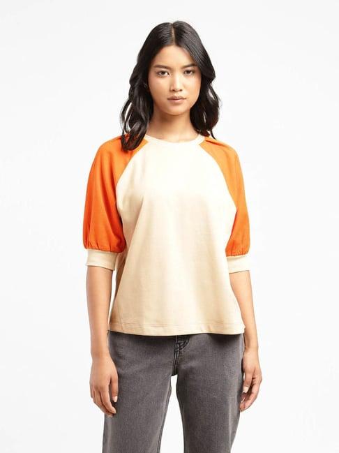 levi's cream & orange cotton color-block top