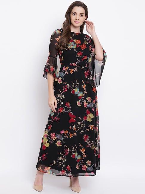 deewa black floral print gown