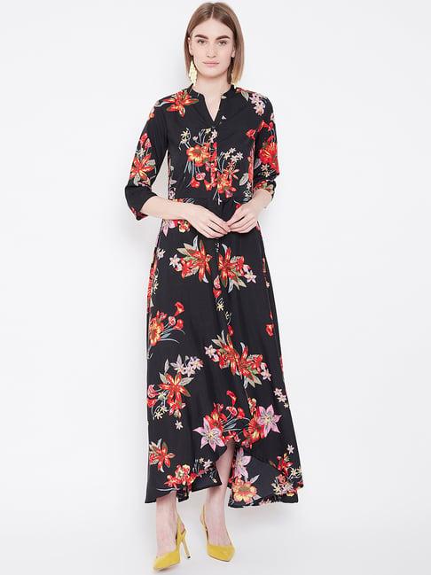 deewa black floral print gown