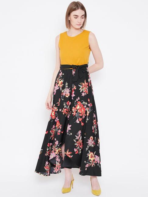 deewa yellow & black floral print gown