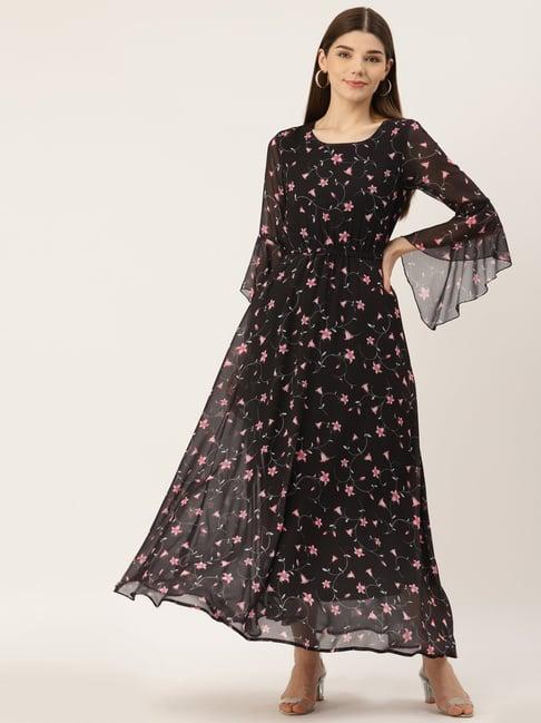 deewa black floral print gown