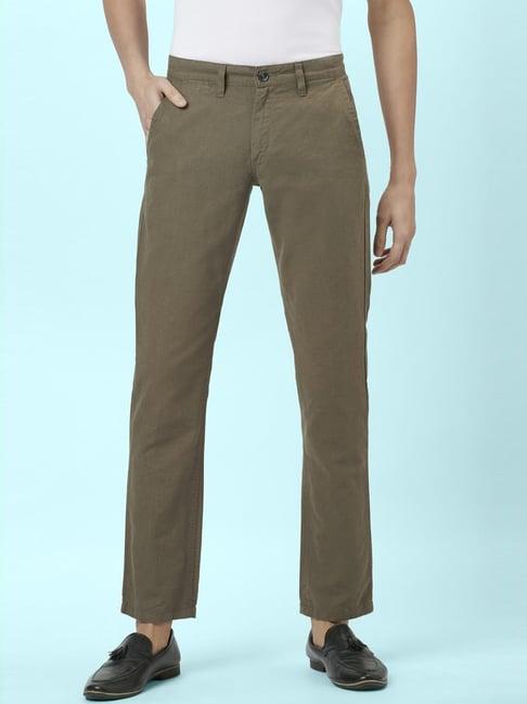 byford by pantaloons olive drab cotton slim fit texture trousers