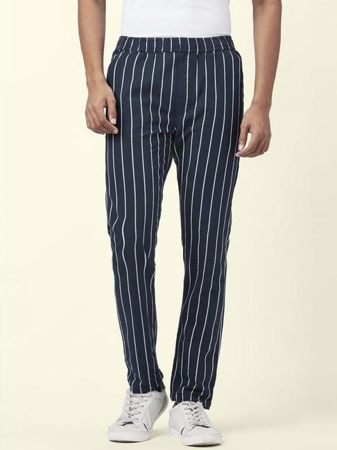 urban ranger by pantaloons navy cotton slim fit striped trousers