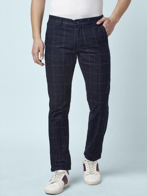 byford by pantaloons indigo blue cotton regular fit checks trousers