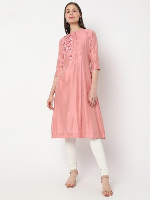 nylangan peach embroidered a line kurta