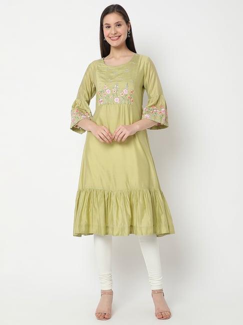 nylangan green embroidered a line kurta