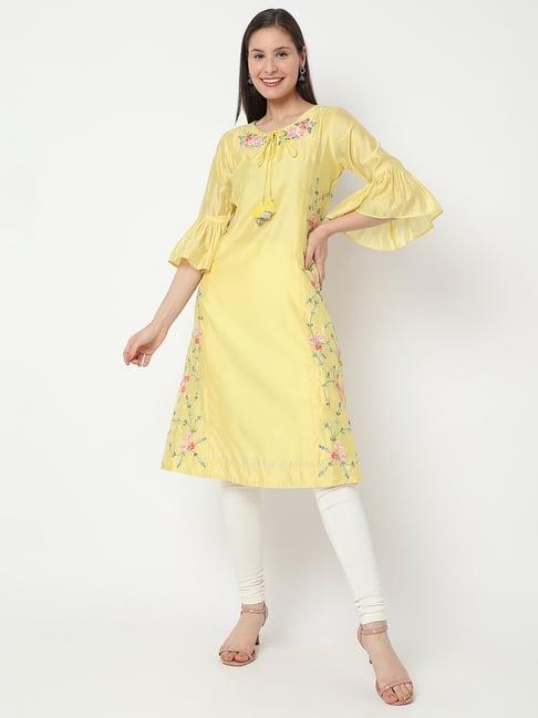 nylangan yellow embroidered a line kurta