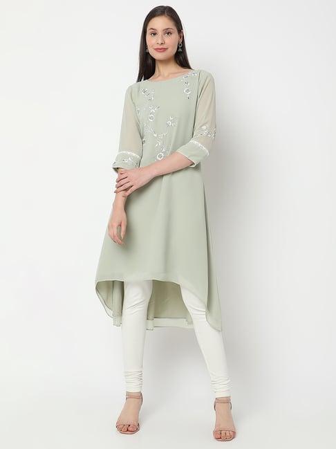 nylangan green embroidered high low kurta