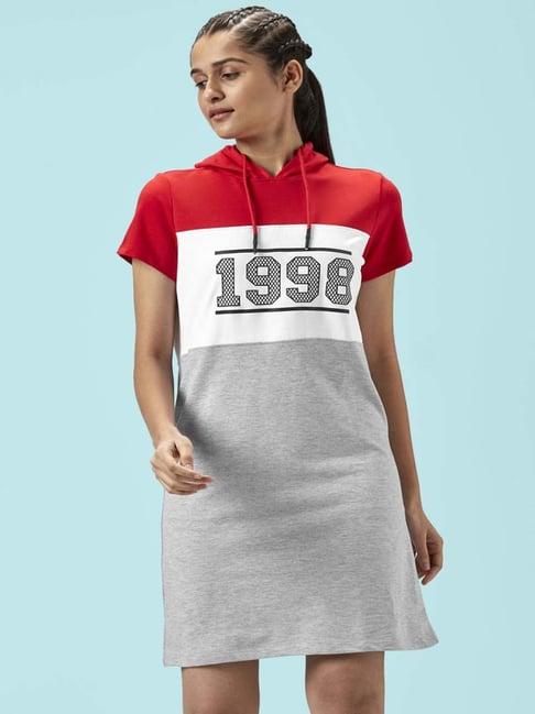 ajile by pantaloons red & grey cotton color-block jersey dress