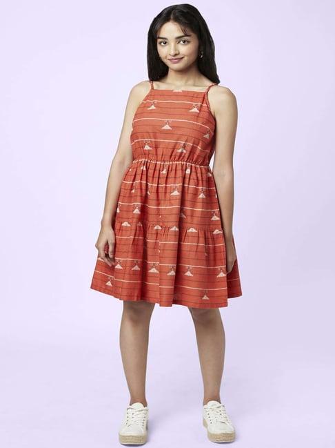 yu by pantaloons rust cotton printed a-line dress