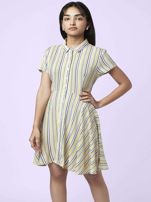 yu by pantaloons yellow & blue striped a-line dress