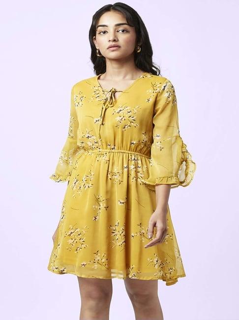 yu by pantaloons mustard floral print a-line dress